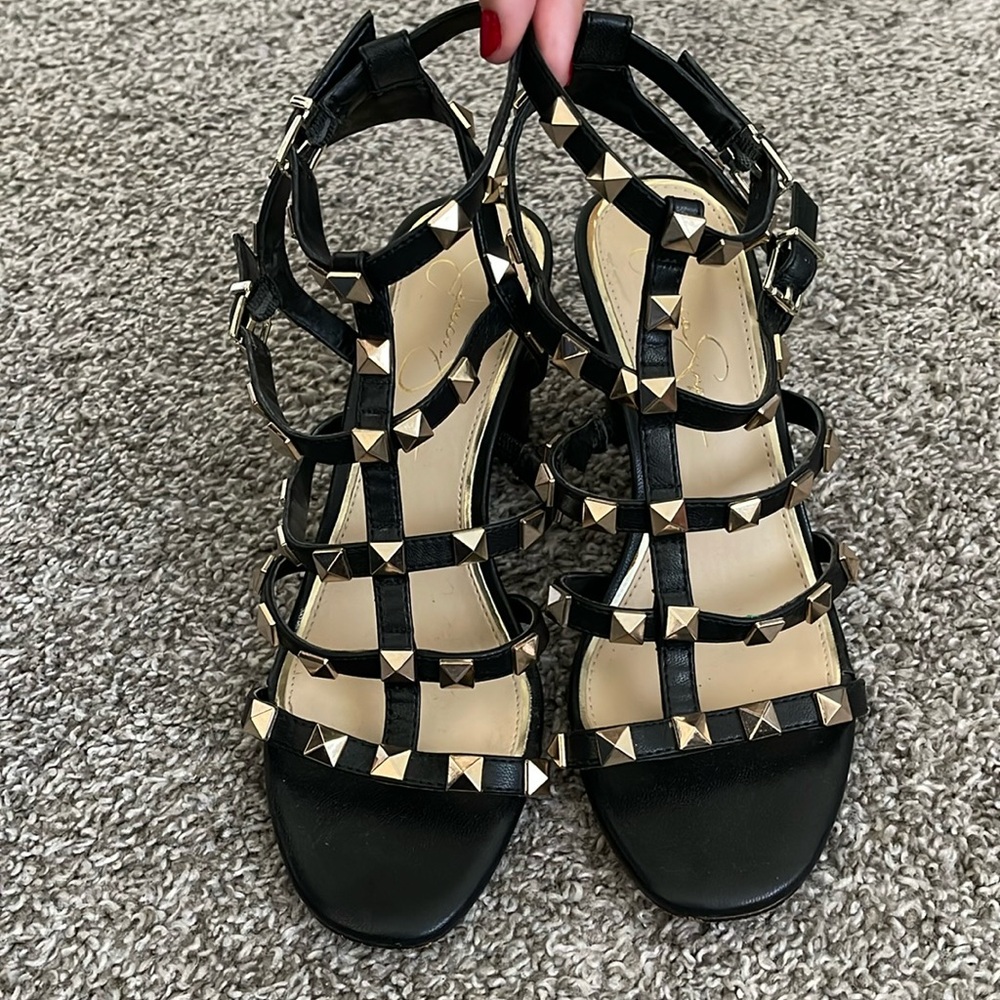 Black spiked Jessica Simpson straps block heels